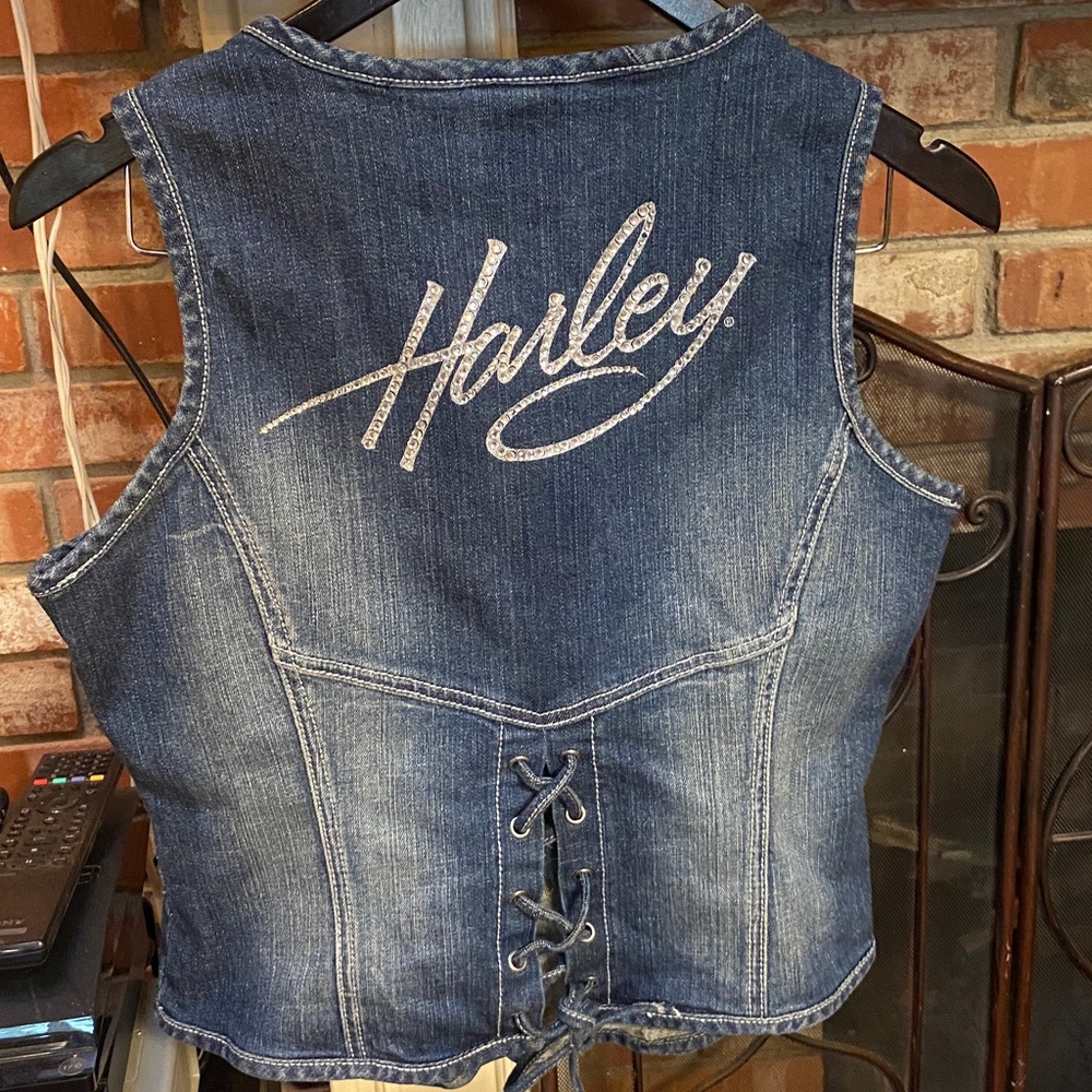 Harley Davidson Women’s Lace Up Denim Vest Bedazzled Gem - Picture 4 of 7